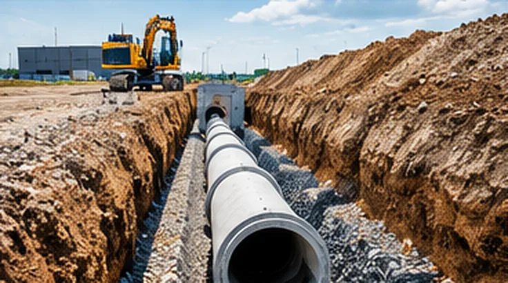 Beton csatornacsövek fektetése zúzottkő ágyazatba hosszú, kiásott árokban, háttérben kotrógép