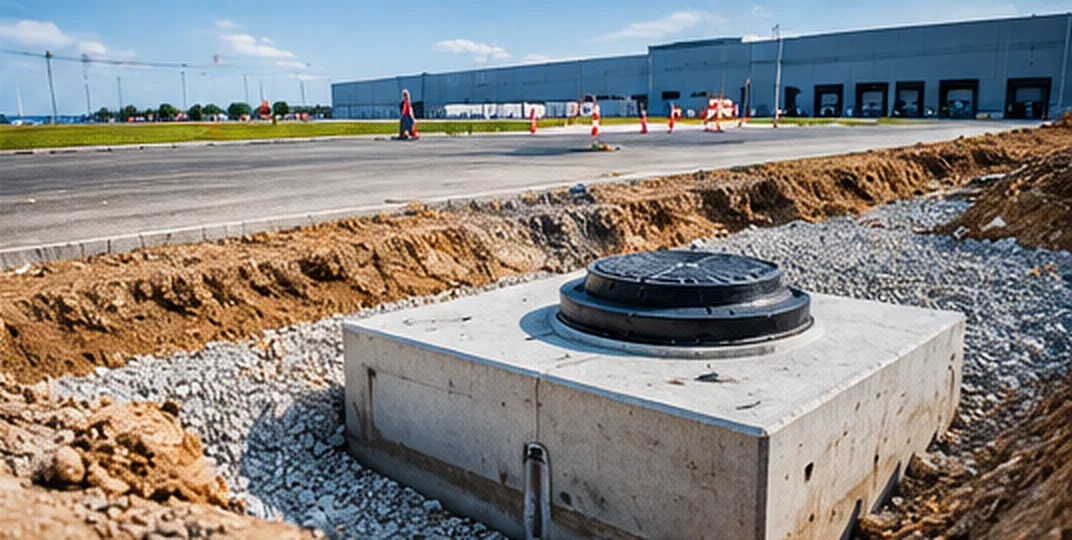 Beton aknatest fedlappal, körülötte zúzottkővel visszatöltött és tömörített munkaárok ipari terület útja mellett
